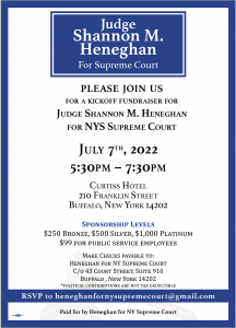 Kickoff Fundraiser for Judge Shannon M. Heneghan for NYS Supreme Court @ Curtiss Hotel